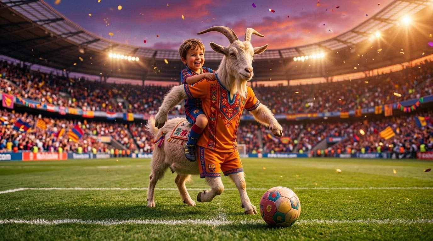 Una capra con la maglia da calcio e un bambino in groppa, in uno stadio pieno di tifosi al tramonto